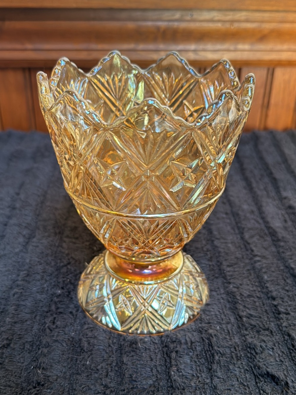 Iridescent Amber Carnival Glass Decorative Compote
